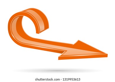 Orange 3d arrow, curled up. Vector illustration isolated on white background