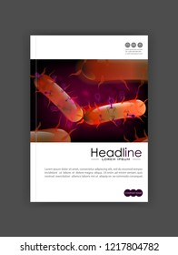 Orange 3d bacteria cell culture with flagellums. Bacteriophage attacking cell culture. Bacteria, virus. Cover design A4 for books, journals, conferences, medical reports, banners. Vector Illustration.