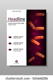 Orange 3d bacteria cell culture with flagellums under microscope. Biology, Microbiology, Science. Cover design A4 for books, journals, conferences, medical reports, banners. Vector. 