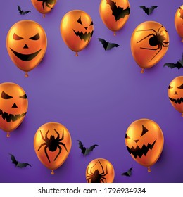 Orange 3d balloons with scary faces, spiders and bats. Black paper bats. Violet background. Empty space in the center. Vector halloween illustration.