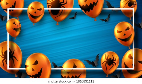 Orange 3d balloons with scary faces and spiders. Black paper bats. White frame. Turquoise brushstrokes background. Some space for your text. Vector halloween illustration.