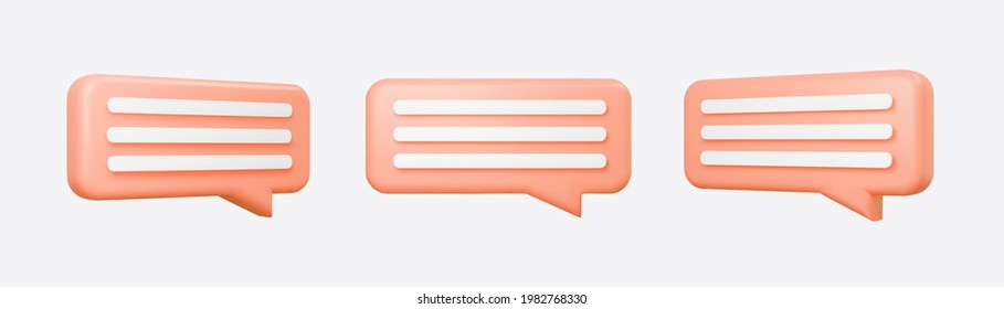 Orange 3d bubble talks set isolated on gray background. Glossy coral speech bubbles, dialogue, messenger shapes. 3D render vector icons for social media or website
