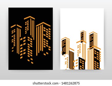 Orange 3D city buildins on white and black design for annual report, brochure, flyer, poster. City night background vector illustration flyer, leaflet, poster. Business abstract A4 brochure template.