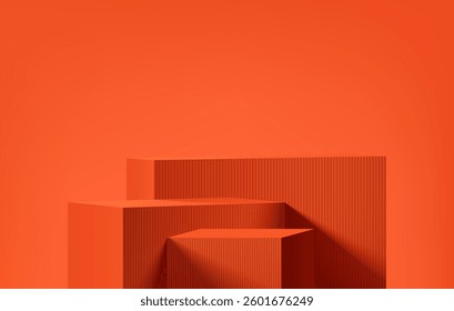Orange 3D cube box podium background with summer empty wall scene. Minimalist studio mockup pedestal. Abstract stand product display presentation, Stage for showcase. Vector geometric platform design.