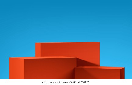Orange 3D cubes box set podium background with summer blue empty wall scene. Minimalist studio mockup pedestal. Abstract stand product display presentation, Stage for showcase. Vector platform design.