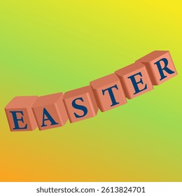 Orange 3D cubes labeled Easter. Multicolored gradient background. Vector color drawing. Perfect for holiday greetings and festive designs.