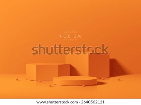 Orange 3D cylindrical podium background with cube and hexagon pedestal. Minimalist mockup. Abstract stand product display wall scene presentation, Stage for showcase. Vector geometric platforms design