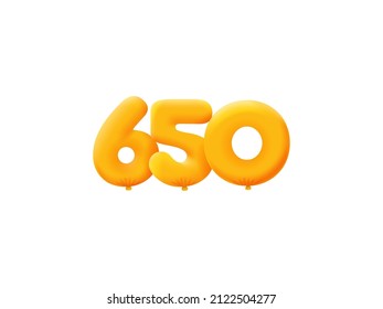 Globo naranja 3D número 650 globos realistas de helio 3d Globos naranja. Cupón Vector ilustración diseño Decoración de fiesta, Cumpleaños, Aniversario, Navidad, Navidad, Año Nuevo, Venta de Vacaciones, Celebración, Carnaval
