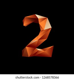 Orange 3D polygonal numbers with reflection. Low poly number. Number 2. EPS 10 vector illustration.