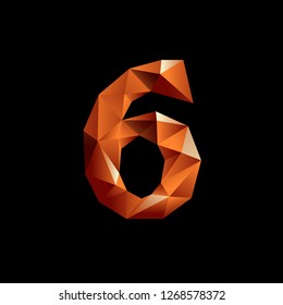Orange 3D polygonal numbers with reflection. Low poly number. Number 6. EPS 10 vector illustration.