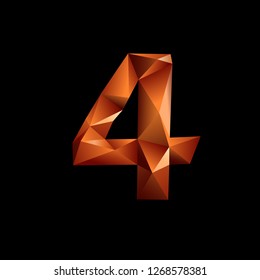 Orange 3D polygonal numbers with reflection. Low poly number. Number 4. EPS 10 vector illustration.