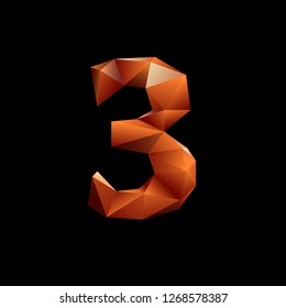 Orange 3D polygonal numbers with reflection. Low poly number. Number 3. EPS 10 vector illustration.