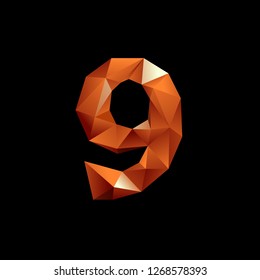 Orange 3D polygonal numbers with reflection. Low poly number. Number 9. EPS 10 vector illustration.