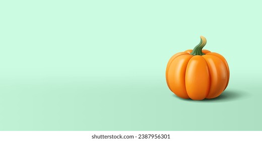 Orange 3D pumpkin on a turquoise background. For seasonal vegetables, healthy food, thanksgiving, and Halloween design concepts.