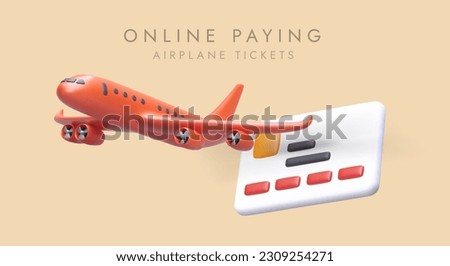 Orange 3d realistic airplane and big credit card. Paying online, buying airplane tickets from home. Poster for travel agency and airlines. Colorful vector illustration in cartoon style
