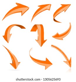 Orange 3d shiny arrows. Set of bent icons. Vector illustration isolated on white background