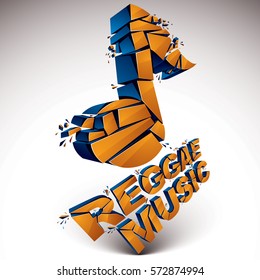 Orange 3d vector shattered musical note with specks and refractions. Dimensional facet design music demolished symbol. Reggae music theme
