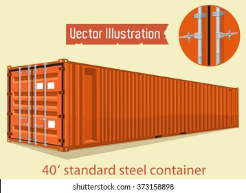  Orange 40 foot standard steel container. Marine vector containers. Isolated sea containers on a light background. Layered vector illustration.