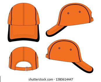 Orange 4-Panel Baseball Cap with Black Piping and Binding Trim Visor, Buckle Closure Design on White Background, Vector File.