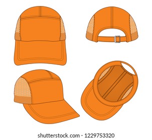 Orange 5 Panel Baseball Cap With Mesh in Side Panels and Buckle Starp Back Template Vector