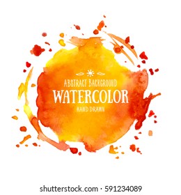 Orange abstract aquarelle background. Hand drawn watercolor stains, splashes and drops. Round vector texture handmade