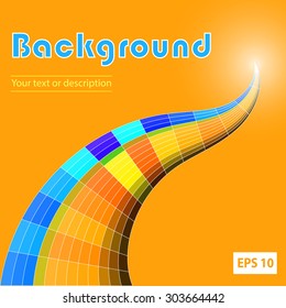 Orange, abstract background with colorful shapes in perspective. Vector art cover in orange, blue, yellow and light