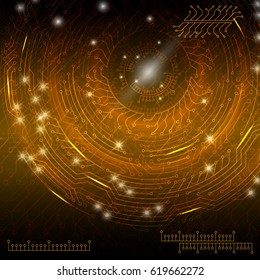 Orange abstract digital technological background with various rotating elements. Vector illustration.