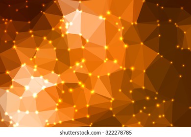 Orange abstract geometric background consisting of colored triangles with lights in corners.