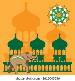 Orange abstract isolated background with an elephant, the temples of the sun. Vector image. eps 10
