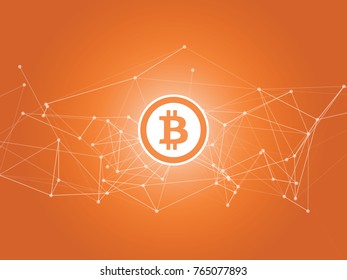 Orange abstract network mesh with bitcoin logo - vector background illustration for crypto wallet communication.