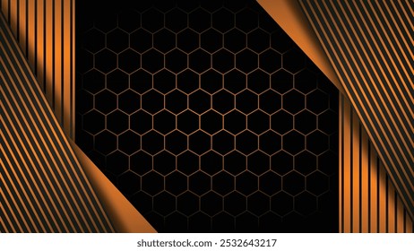 Orange abstract overlap background with diagonal lines and hexagon mesh pattern