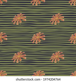Orange abstract palm licuala leaf ornament seamless pattern. Green and navy blue striped background. Perfect for fabric design, textile print, wrapping, cover. Vector illustration.