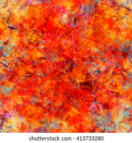 Orange abstract pattern of swirling in a spiral, randomly mixed wavy lines, crystals and triangular elements. Seamless vector background. Watercolor effect. Easily editable template