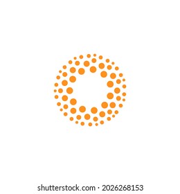 Orange abstract round logo template, halftone dots art creative logotype. Hot and warm sun icon, innovative technology and education symbol. Spa, solar tanning and shampoo vector emblem