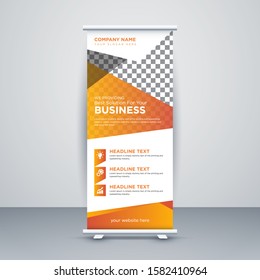 Orange Abstract Shapes Modern Exhibition Advertising Trend Business Roll Up Banner Stand Poster Brochure flat design template creative concept. Presentation. Cover Publication. Stock vector. 02