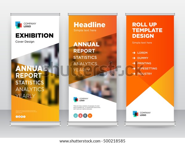Orange Abstract Shapes Modern Exhibition Advertising\
Trend Business Roll Up Banner Stand Poster Brochure flat design\
template creative concept. Presentation. Cover Publication. Stock\
vector. EPS
