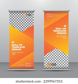 Orange Abstract Shapes Roll-Up Banner Design Vertical Template. vector, abstract geometric background, modern x-banner and flag-banner, rectangle size.