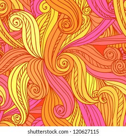 Orange abstract vector seamless hand-drawn pattern, hair or waves background
