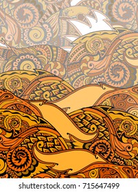 Orange abstract waves of leaves. Zentangle colored background