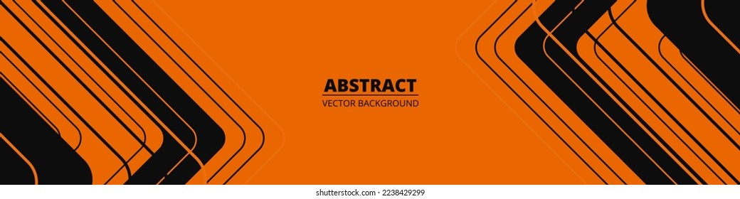 Orange abstract wide horizontal banner with black lines, arrows and angles. Orange modern sporty bright futuristic horizontal abstract background. Wide vector illustration