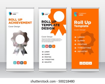 Orange Achievement Photo inside icon Modern Exhibition Advertising Trend Business Roll Up Banner Stand Poster Brochure flat design template creative concept. Presentation.Publication. Stock vector.EPS