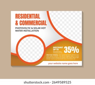 orange ad brown gradient color of flyer business design, advertising background, horizontal modern layout template. circle space for photo collage. photovoltaic and solar hot water installation banner