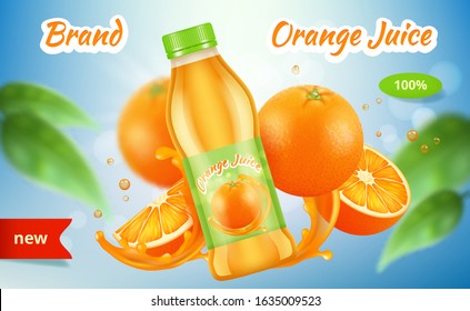 Orange ads. Placard vitamins juice bottle with splashes fruits spray vector advertizing graphic