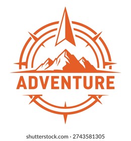 Orange adventure logo with compass and mountain range design icon