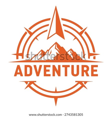 Orange adventure logo with compass and mountain range design icon