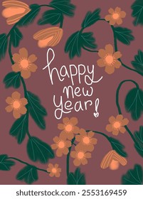 Orange aesthetic flowers patterns and leaves on pink background with lettering “happy new year”for branding package, fabric print, wallpaper, social media post, doodle, notes, book covers, wall decor.