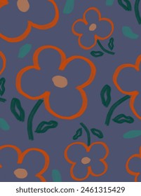 Orange aesthetic flowers patterns on purple background for web banner, business presentation, branding package, fabric print, wallpaper, social media post, doodle, notes, book covers, wall decor.