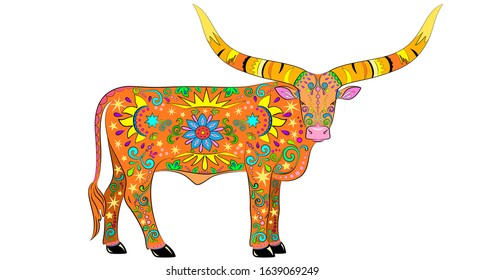 Orange African cow painted with colored patterns.