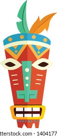 An orange African mask with feathers, vector, color drawing or illustration. 