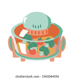 Orange air fryer with tomato and broccoli Cartoon isolated illustration on white background
